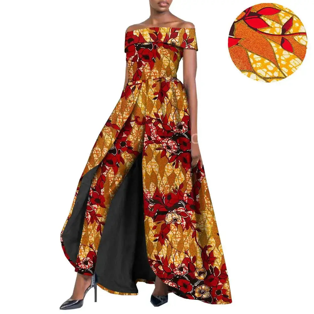 Stylish African pantsuit for women in gold and red print. Off-shoulder top with a dramatic cape, custom-fitted for a confident and chic appearance.