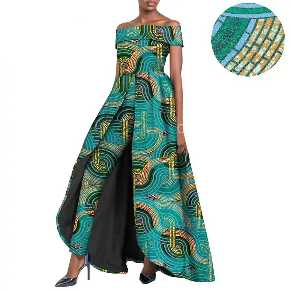 Chic African pantsuit for women in green geometric print. Off-shoulder design with a dramatic cape, perfect for bold and stylish fashion statements.