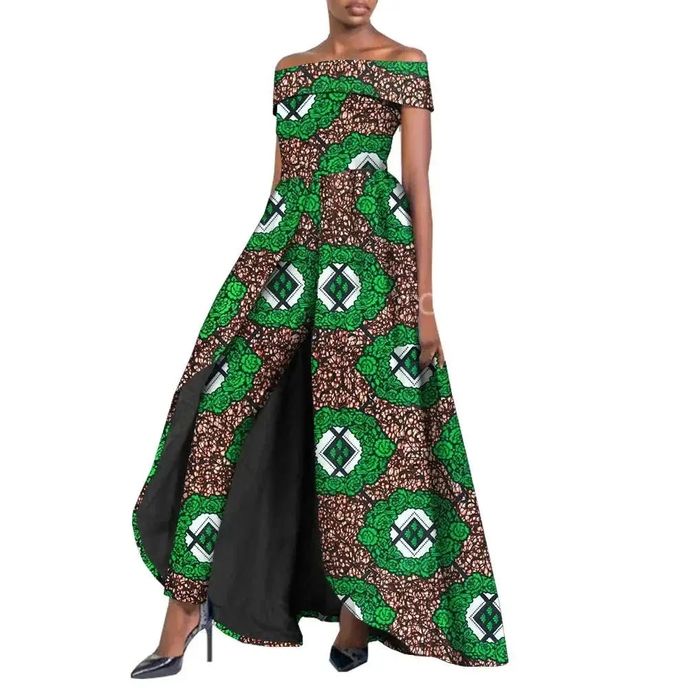 Elegant African pantsuit for women in green and brown print. Off-shoulder design with a flowing cape, made from breathable 100% cotton fabric.