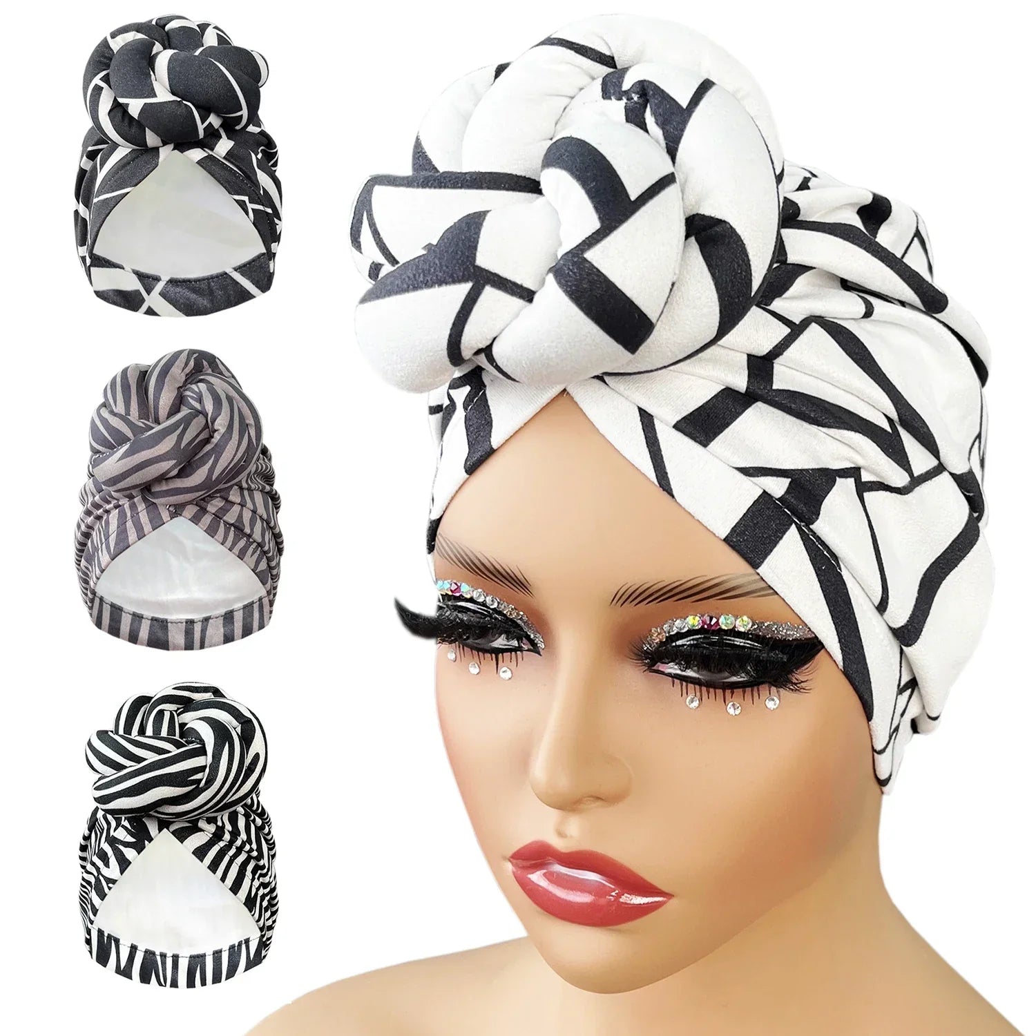 Collection of patterned knot turban headwraps in various black and white geometric designs, perfect for stylish and comfortable headwear.