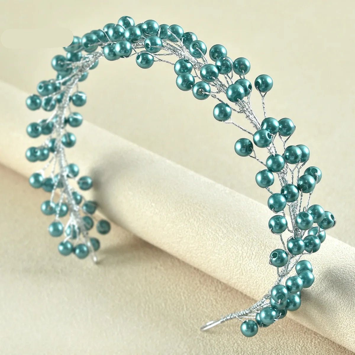TEAL PEARL BRIDAL HEADBAND WITH SILVER WIRE AND BEADED DESIGN, IDEAL FOR WEDDINGS AND PARTIES.