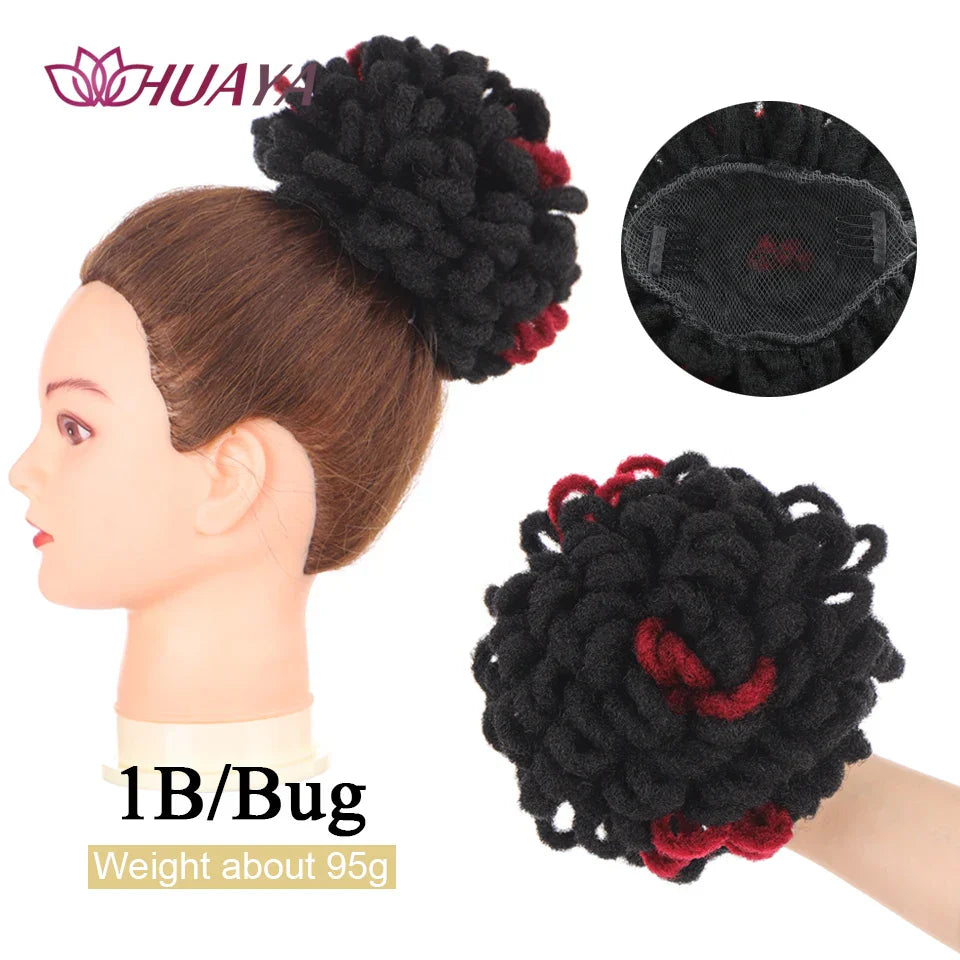 Black and burgundy dreadlocks hair extensions loc bun with a secure fit. Adds a pop of color to any protective hairstyle.