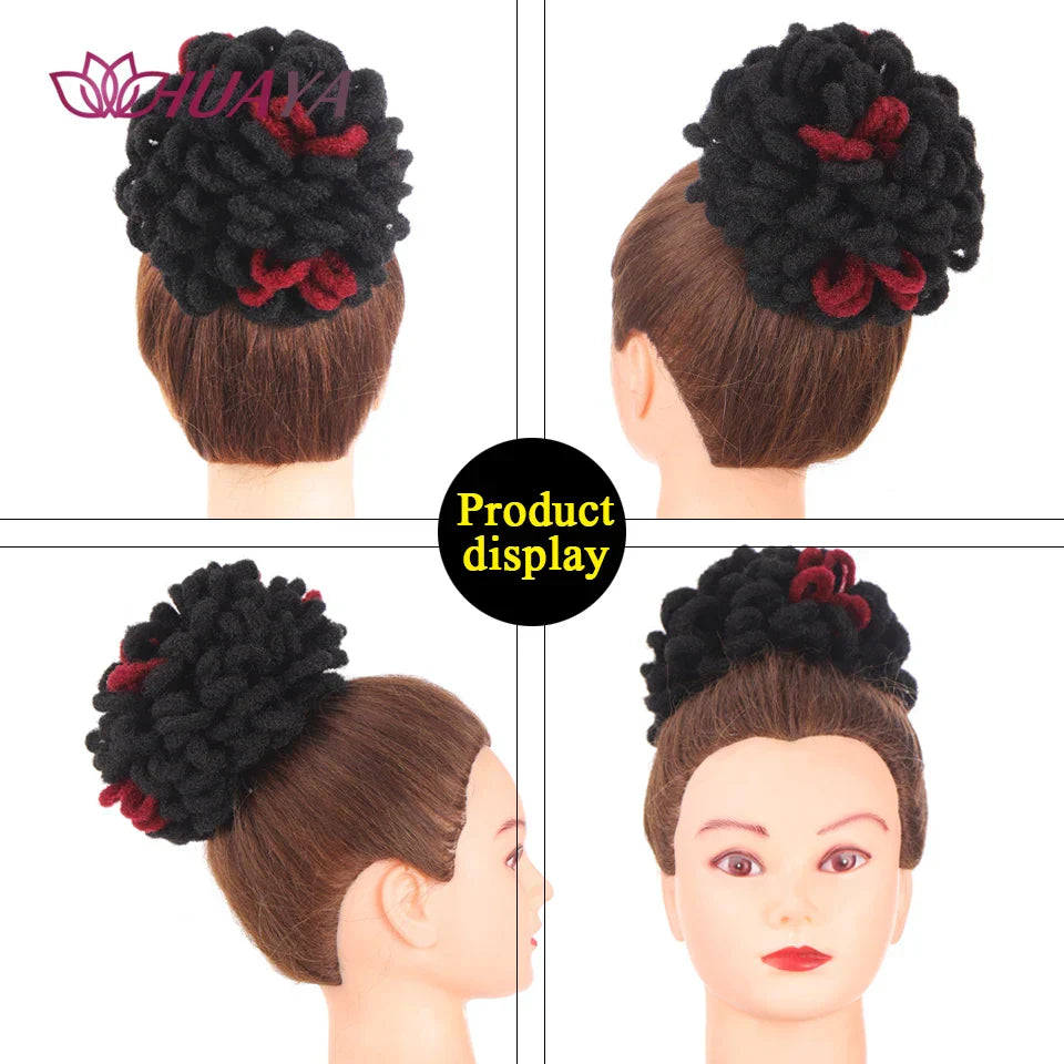 Black and red dreadlocks hair extensions loc bun displayed on a mannequin head. Features a secure fit for effortless styling.