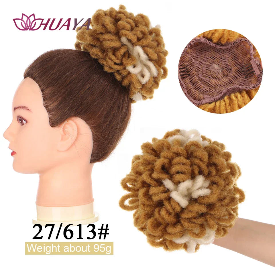 Golden brown and blonde dreadlocks hair extensions loc bun with a breathable net. Ideal for a bold and stylish hair transformation.