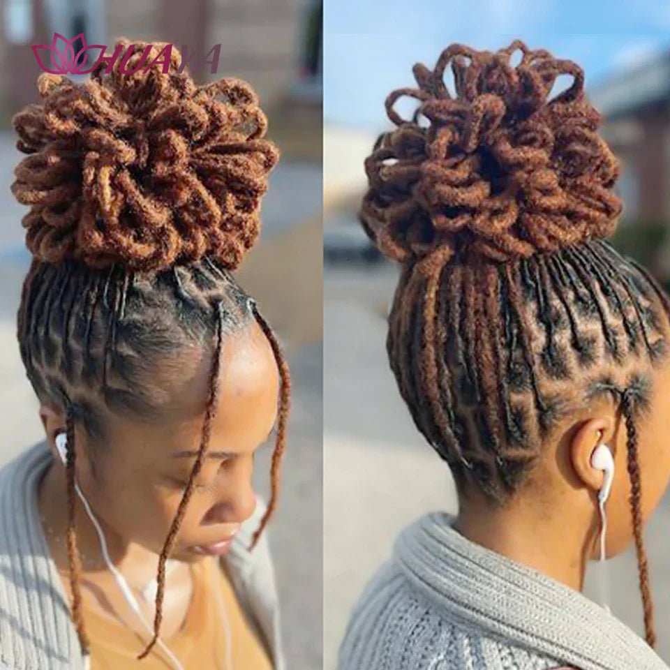 Dreadlocks hair extensions loc bun in brown, styled into an elegant updo. Perfect for protective styling and adding volume to natural hair.