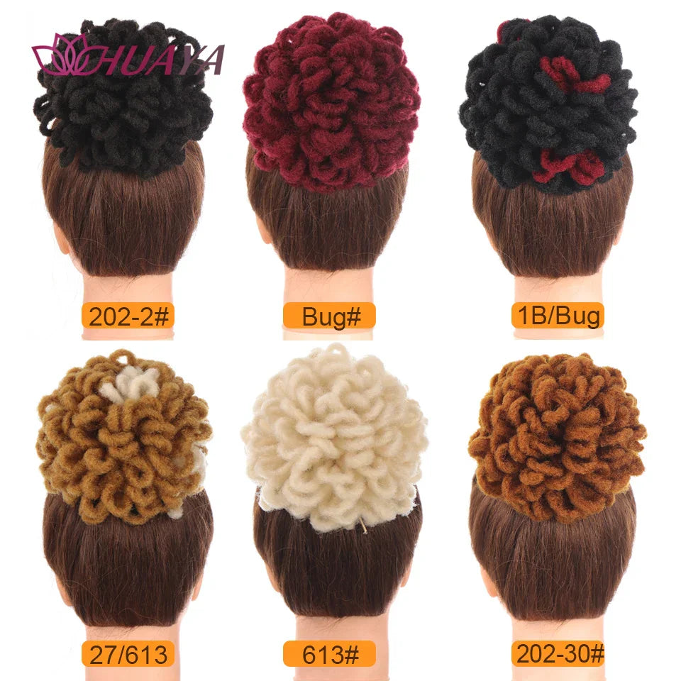 Variety of dreadlocks hair extensions loc buns in multiple colors, including black, burgundy, blonde, and brown. Great for versatile styling.