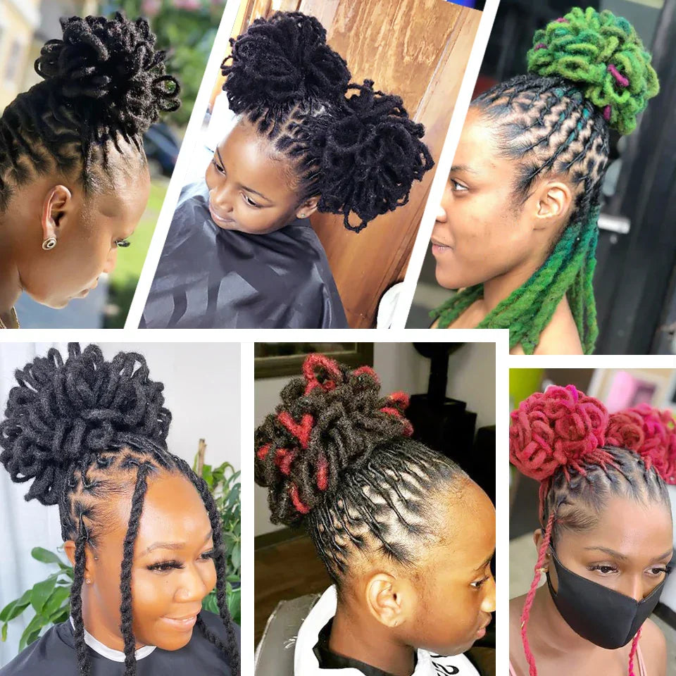 Different styles of dreadlocks hair extensions loc buns worn by various models. Showcasing trendy and colorful protective hairstyles.