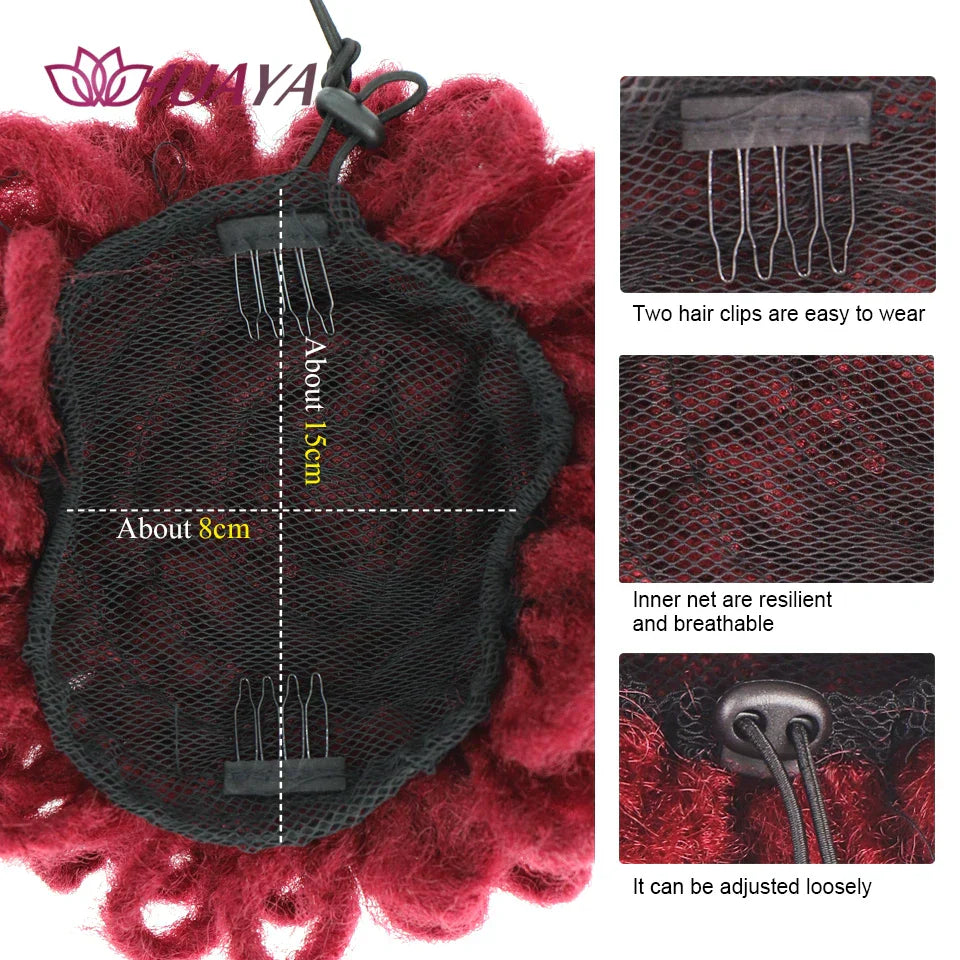 Close-up of the inner net and clips of a red dreadlocks hair extensions loc bun. Designed for a comfortable and adjustable fit.