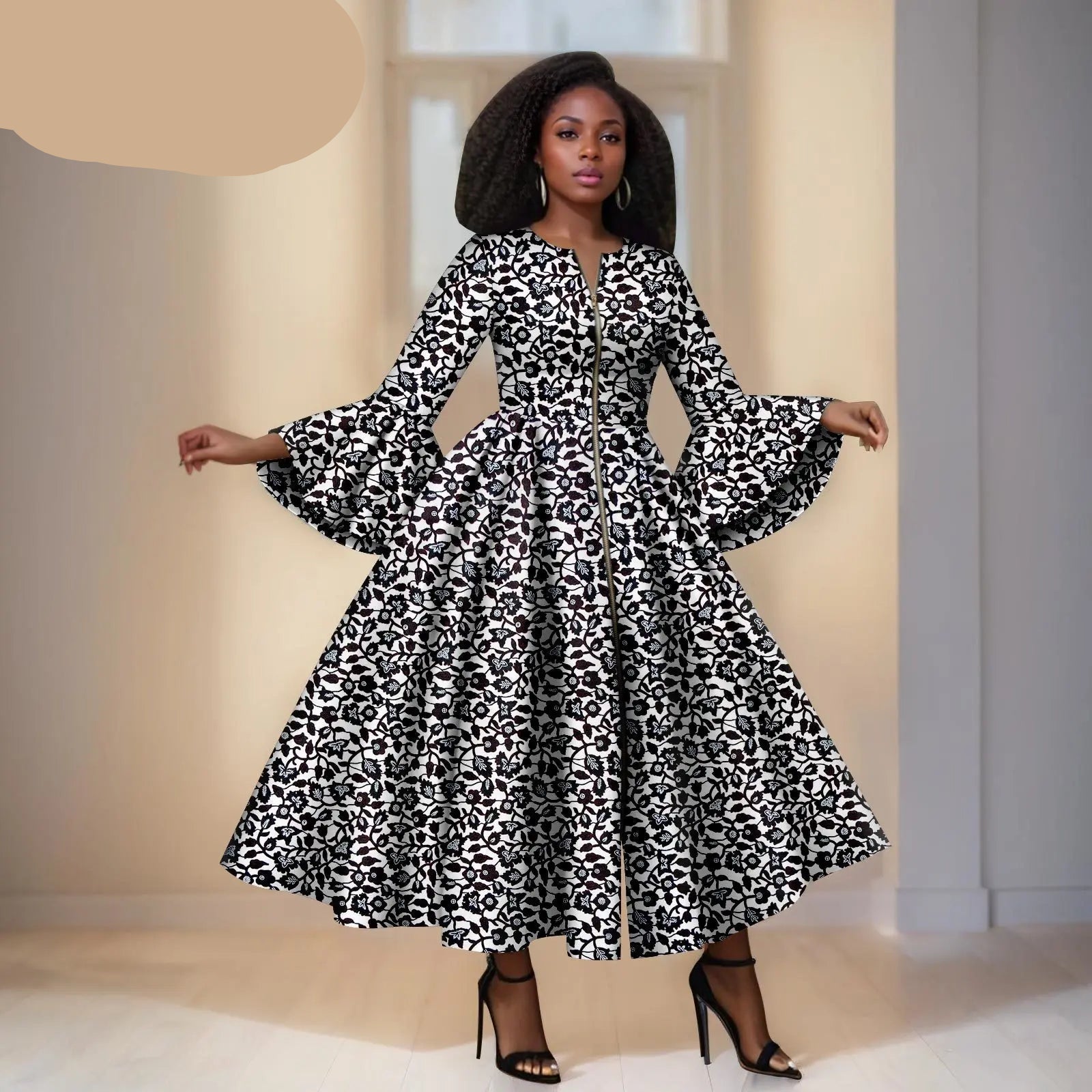 White Ankara Maxi Dress With Black Details – Bell Sleeves & Zipper Detail