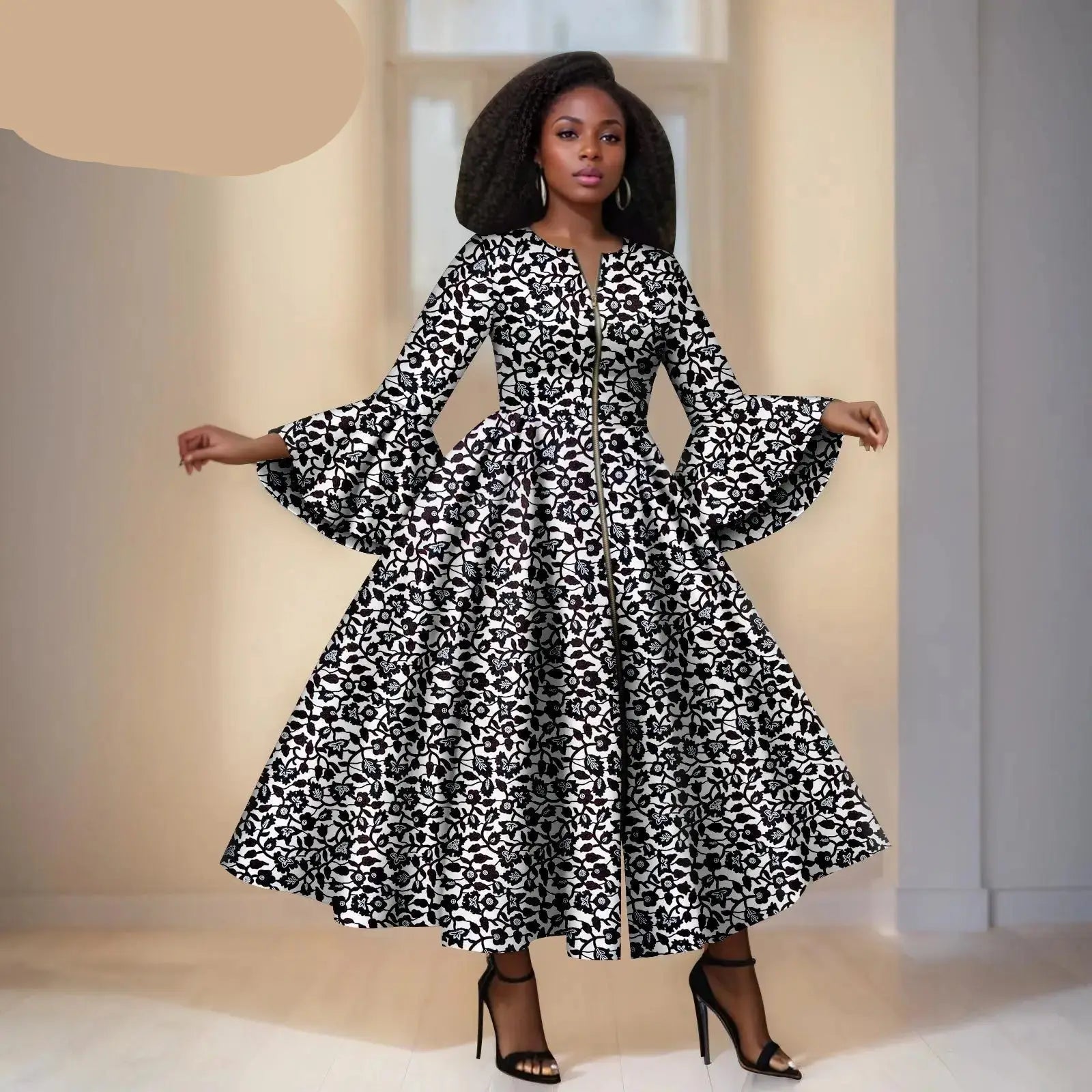 White Ankara Maxi Dress With Black Details – Bell Sleeves & Zipper Detail