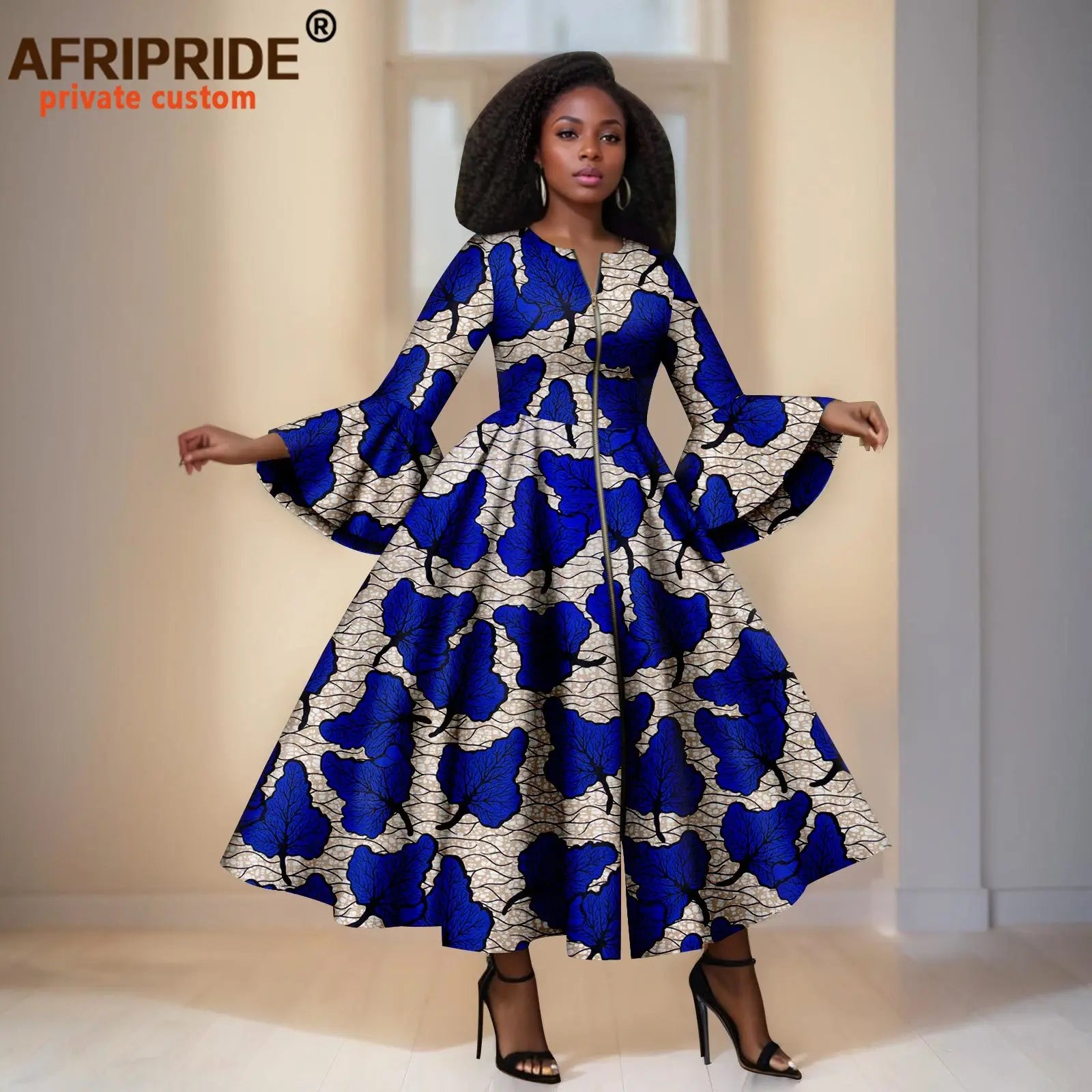 White Ankara Maxi Dress With Blue Flowers & Black Details – Bell Sleeves & Zipper Detail