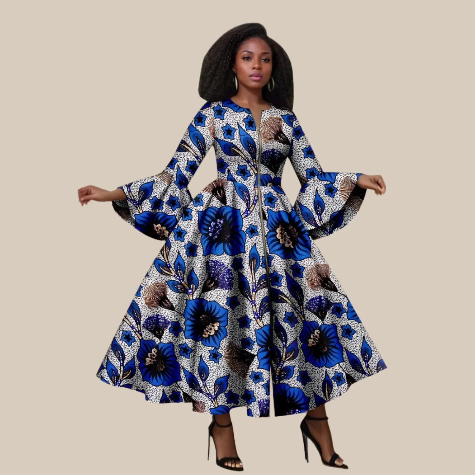 White Ankara Maxi Dress With Blue Flowers and Details– Bell Sleeves & Zipper Detail