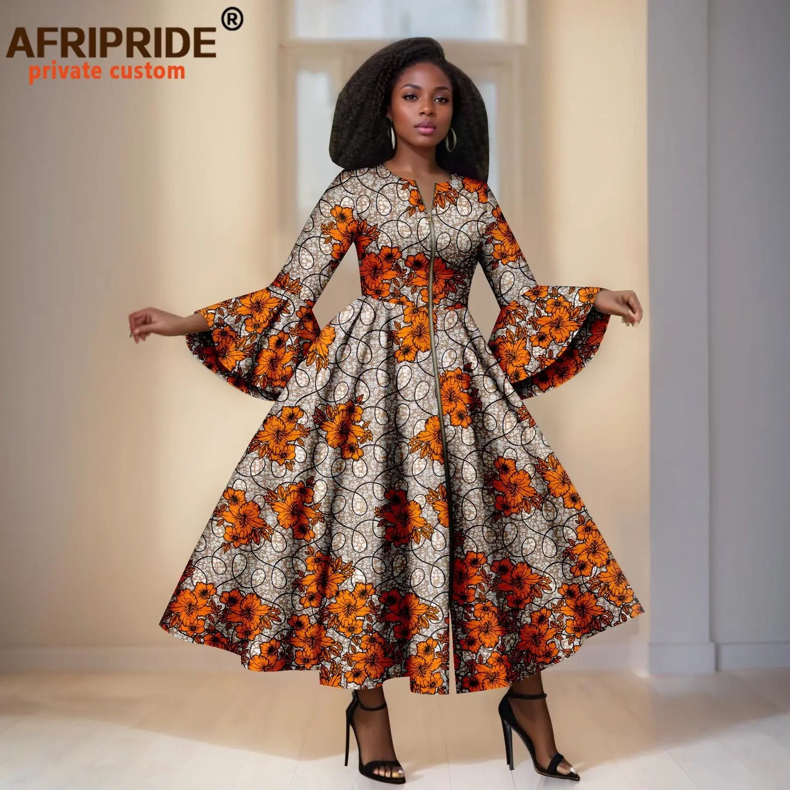 White & Cream Ankara Maxi Dress With Orange Flowers & Black Details – Bell Sleeves & Zipper Detail