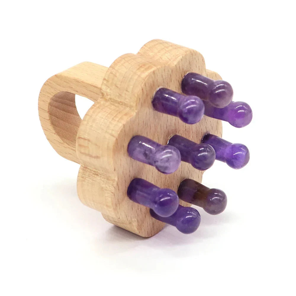Healing crystal scalp massager with amethyst tips and wooden handle. Enhances relaxation, promotes hair growth, and relieves tension.