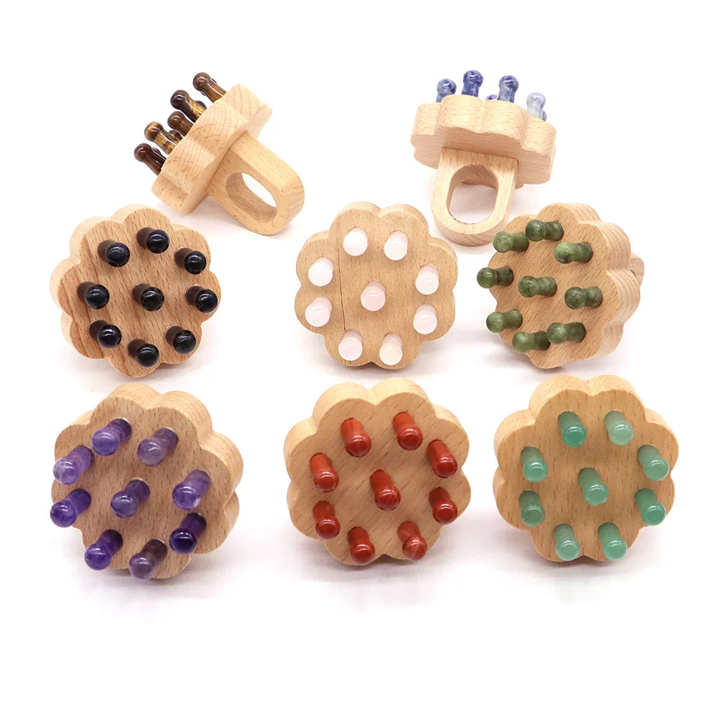 Collection of healing crystal scalp massagers in various gemstone options. Perfect for relaxation, hair care, and energy balancing.