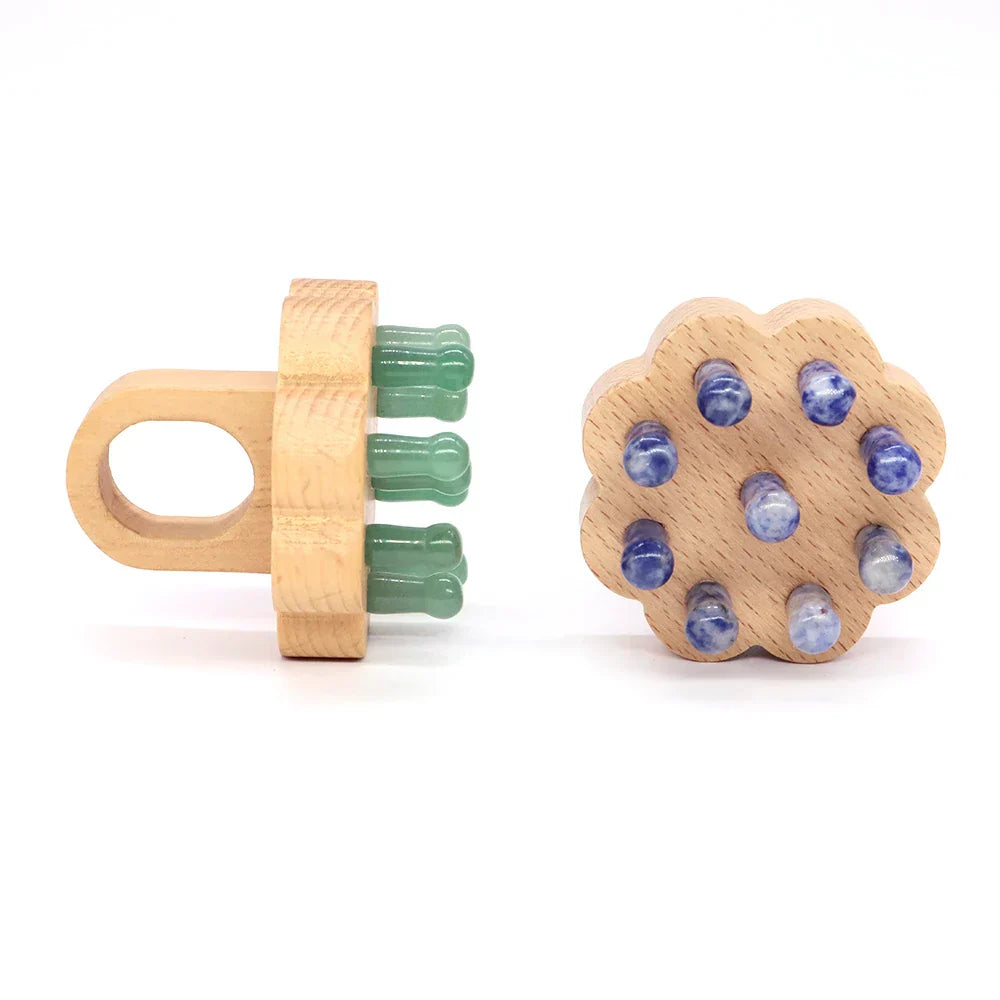 Side and top view of healing crystal scalp massagers with green aventurine and sodalite tips. Ergonomic design for easy use.