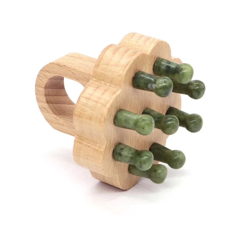Jade crystal scalp massager with a wooden handle. Enhances blood circulation and promotes hair growth naturally.