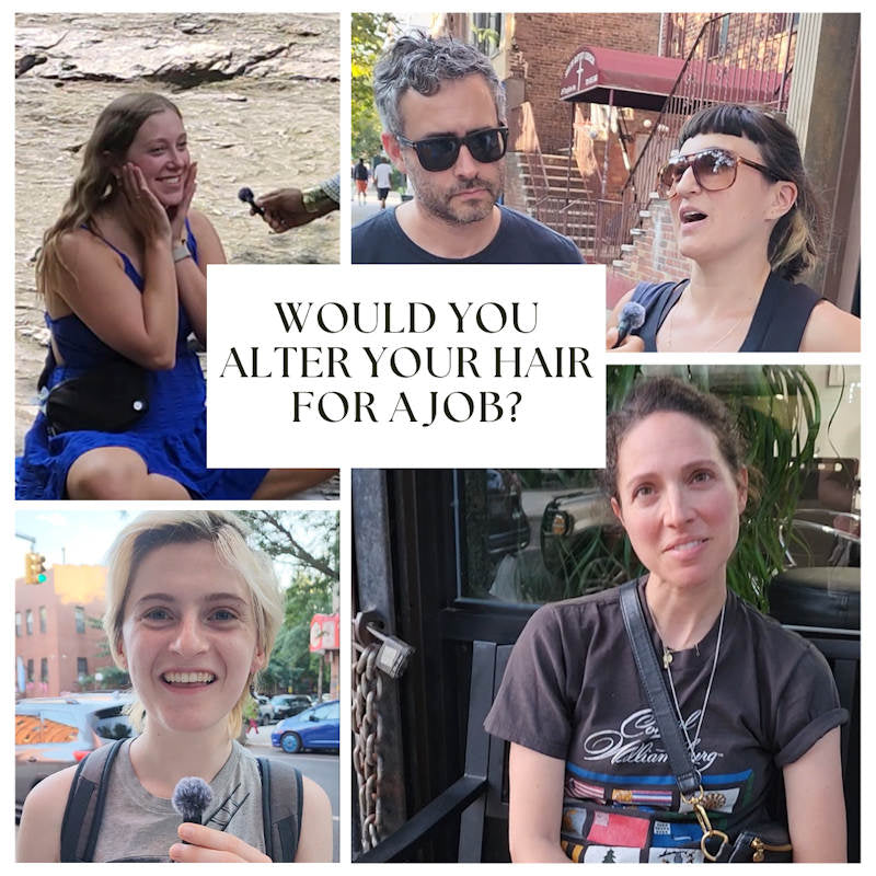 Collage of interviews with people discussing hair and job opportunities. Question posed: &