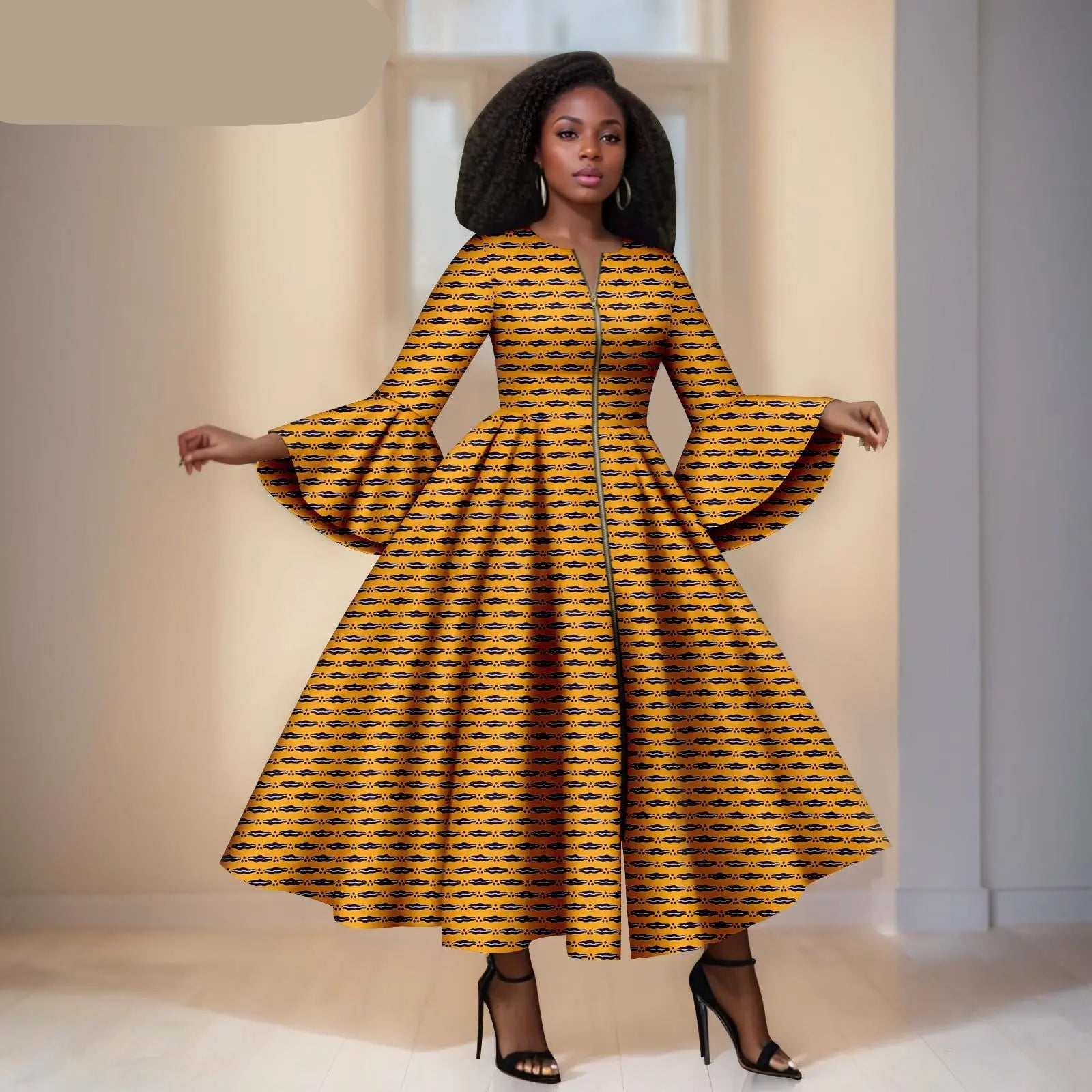 Yellow Ankara Maxi Dress With Details – Bell Sleeves & Zipper Detail