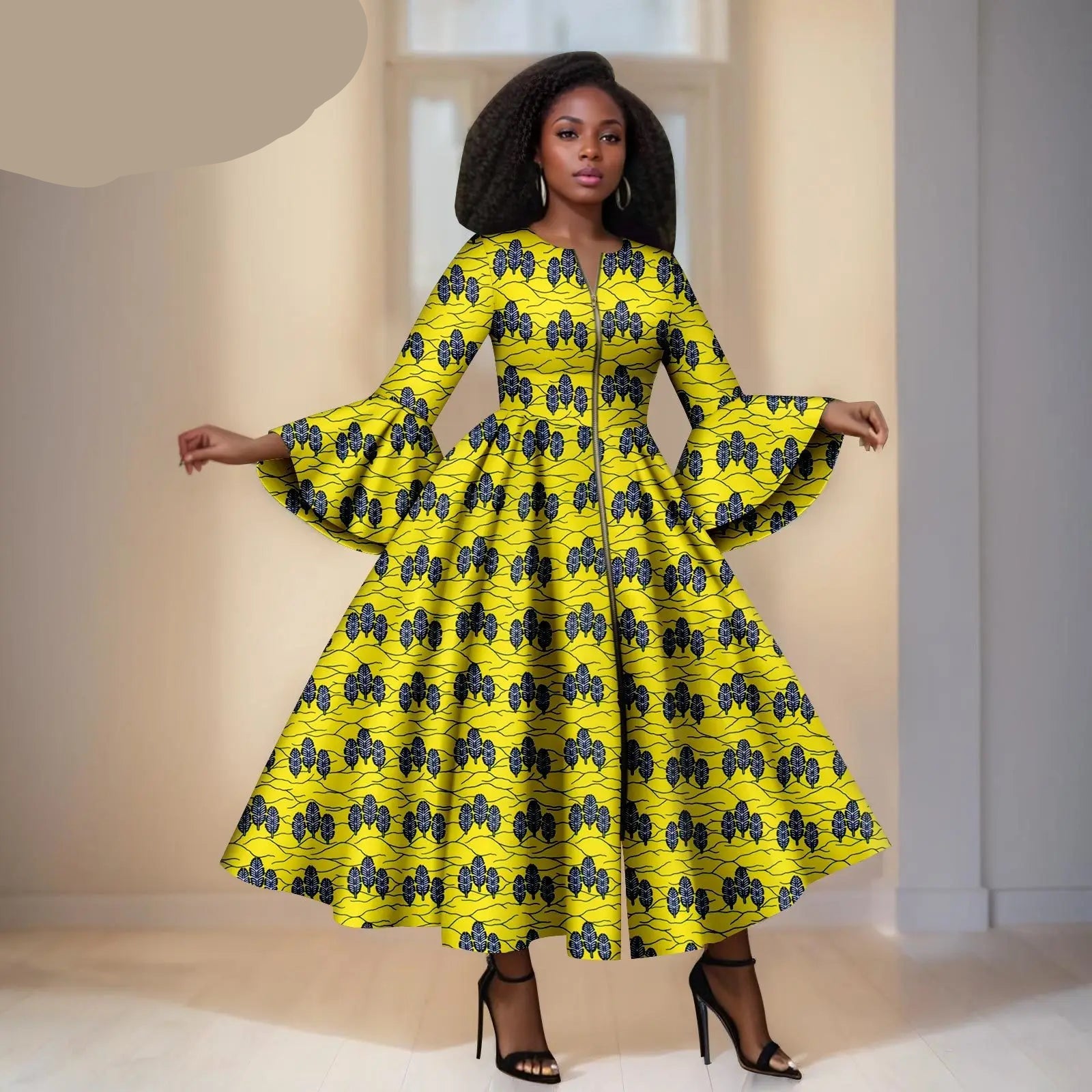 Yellow Ankara Maxi Dress With Purple Details – Bell Sleeves & Zipper Detail