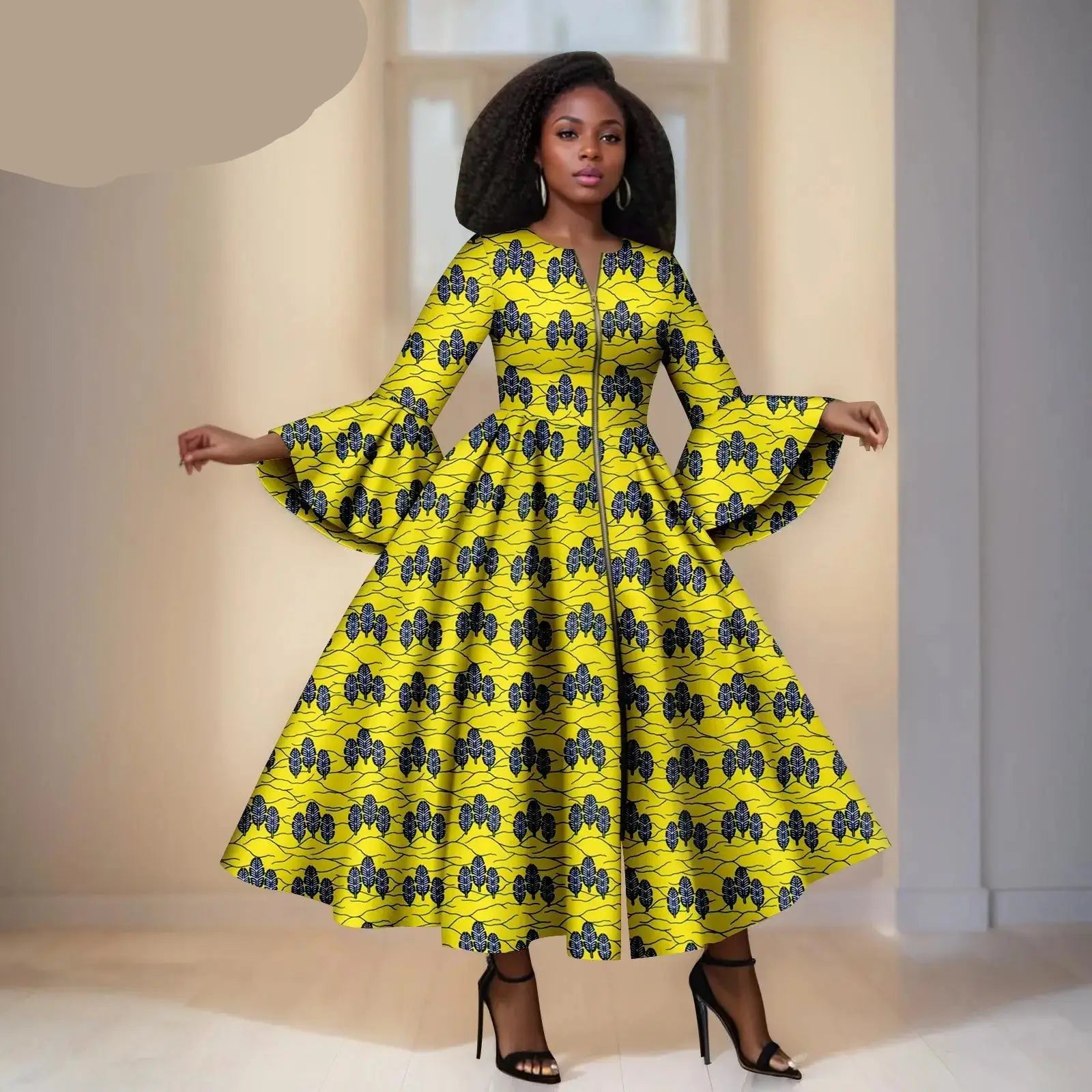 Yellow Ankara Maxi Dress With Purple Details – Bell Sleeves & Zipper Detail