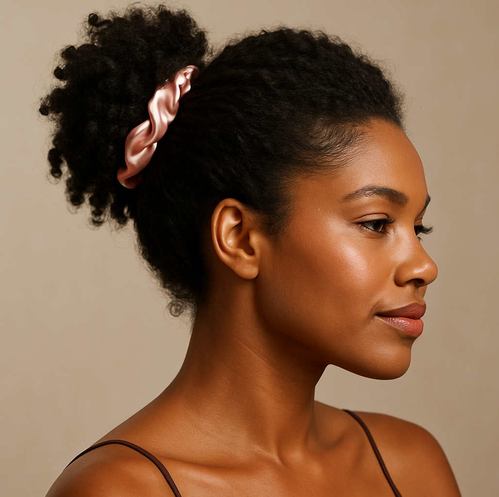 Woman with curly natural hair wearing a rose pink silk hair elastic from the Mulberry Silk Hair Elastics 8-piece set. Ideal for frizz-free styling.