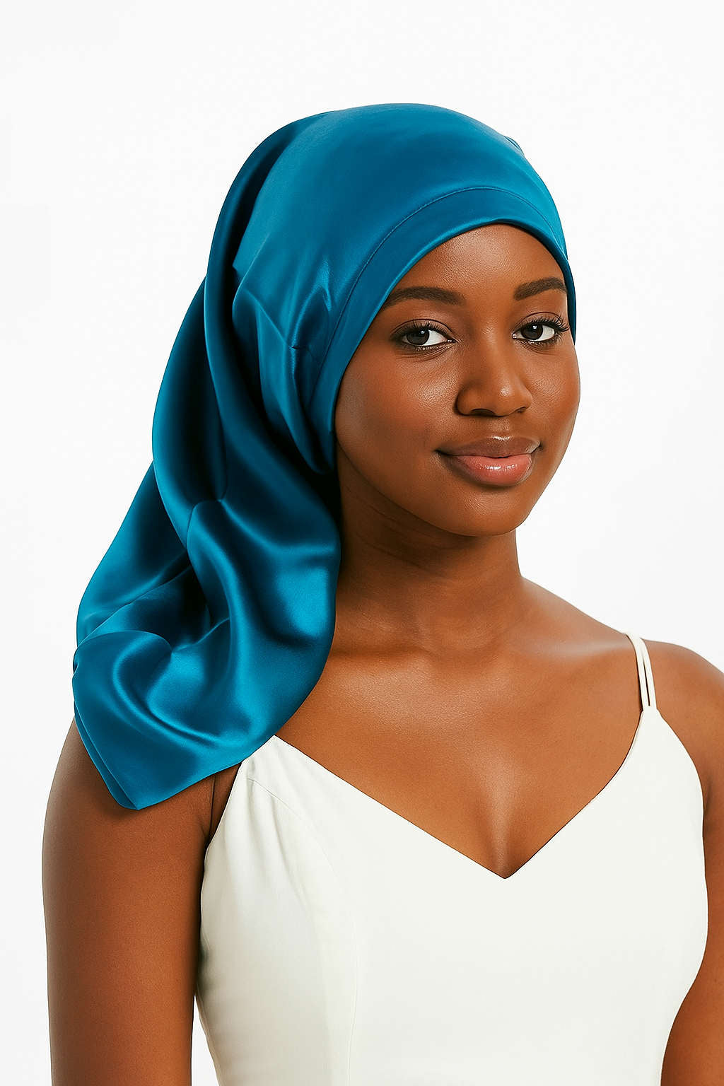 Bright teal Mulberry Silk Sleep Bonnet for long hair, modeled by woman. Adjustable silk headwrap for frizz-free hair care overnight.