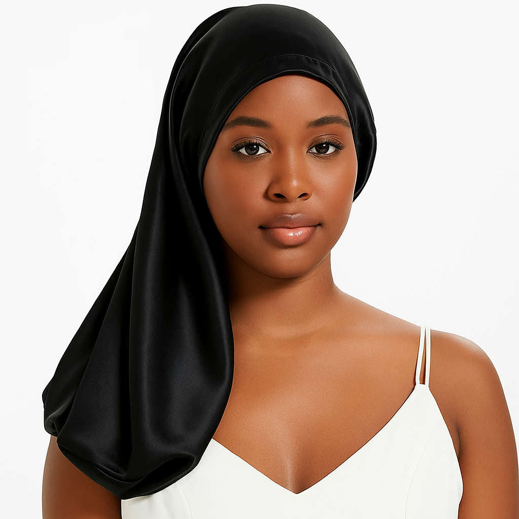 Black Mulberry Silk Sleep Bonnet for long hair, modeled by woman. Smooth silk headwrap for frizz protection and overnight hair care.