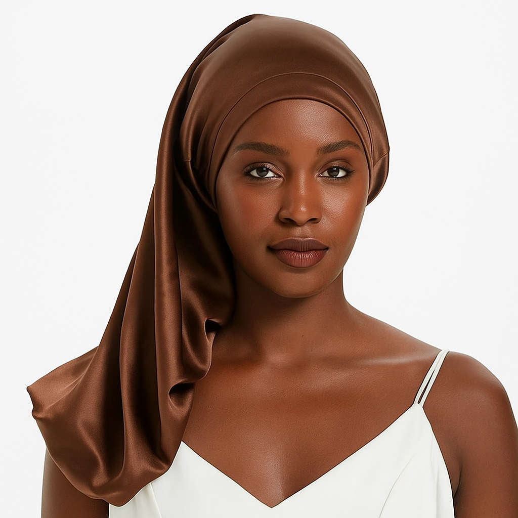 Brown Mulberry Silk Sleep Bonnet for long hair, modeled front-facing. Smooth silk headwrap for frizz control and protective styling.