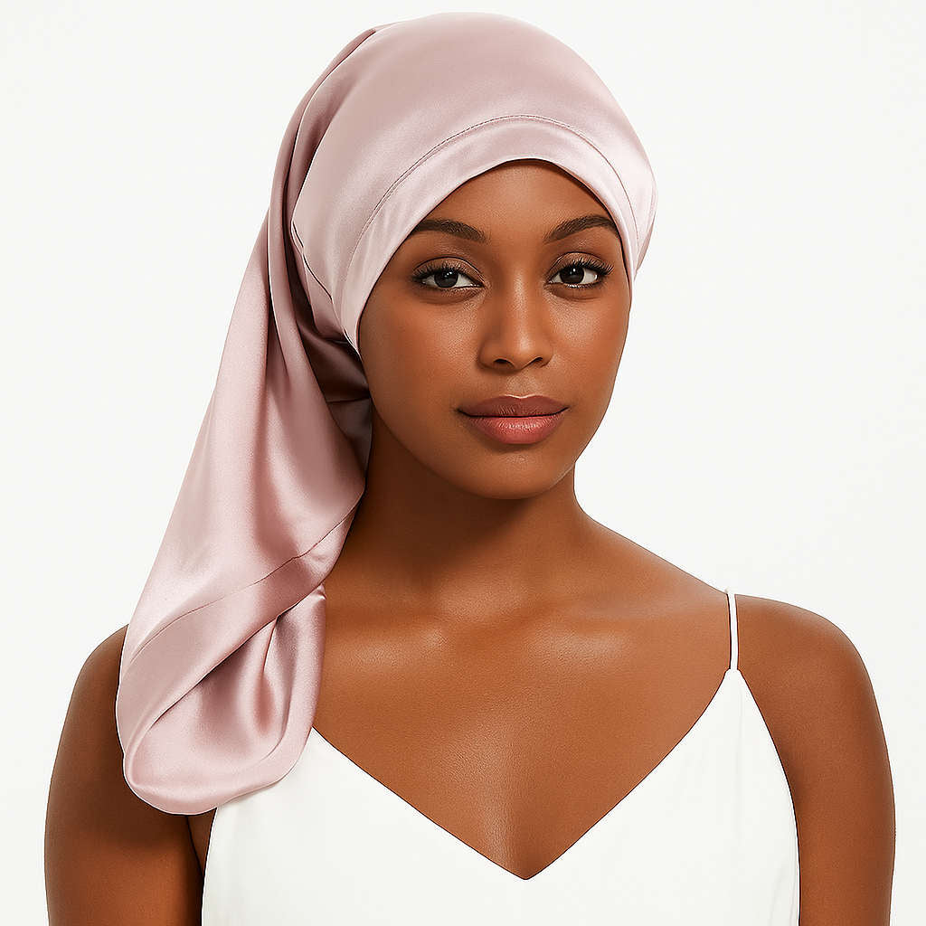 Rose pink Mulberry Silk Sleep Bonnet for long hair, modeled by woman. Adjustable silk headwrap for frizz-free hair and overnight care.