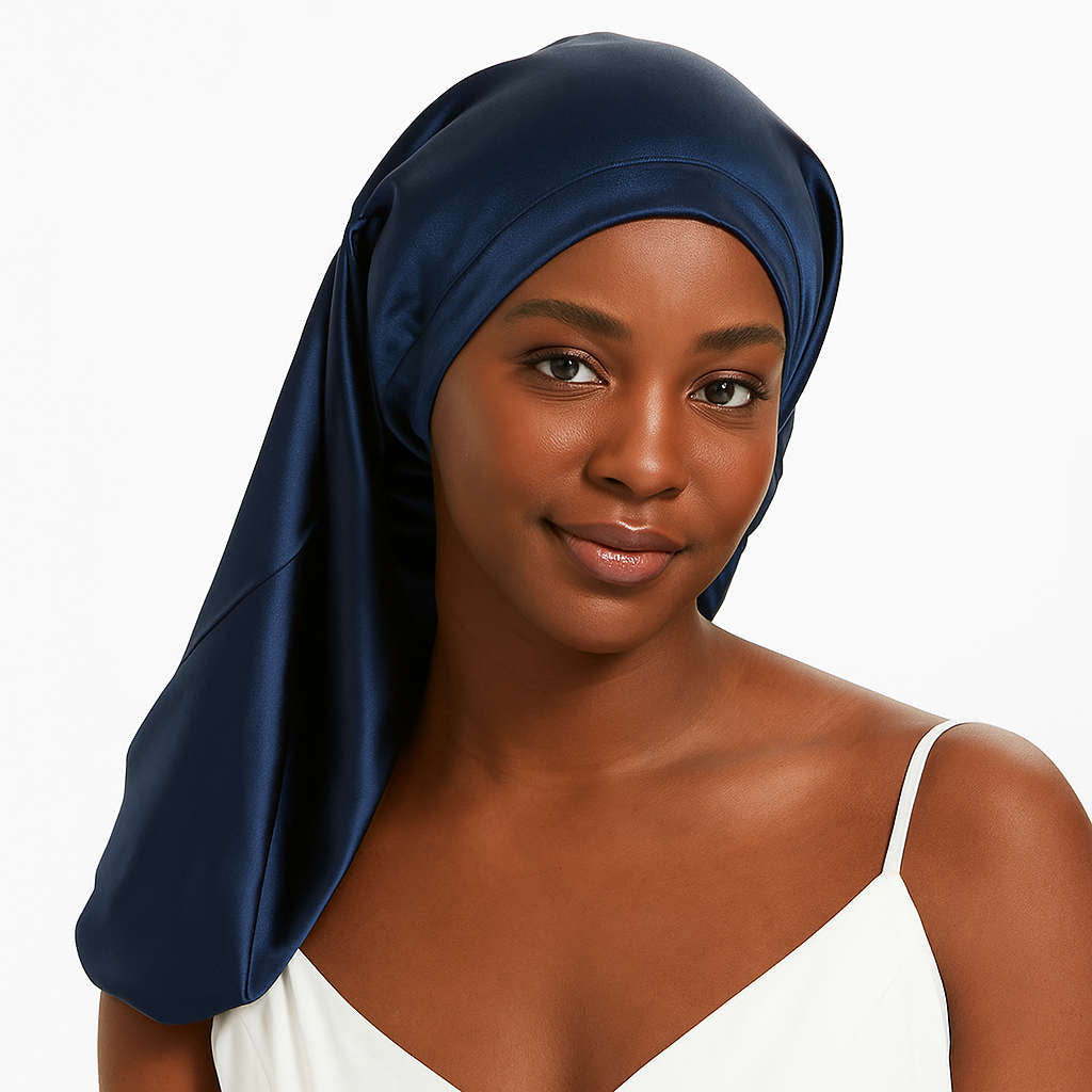 Navy blue Mulberry Silk Sleep Bonnet for long hair, worn by woman. Frizz-free silk headwrap with adjustable fit for protective styling.