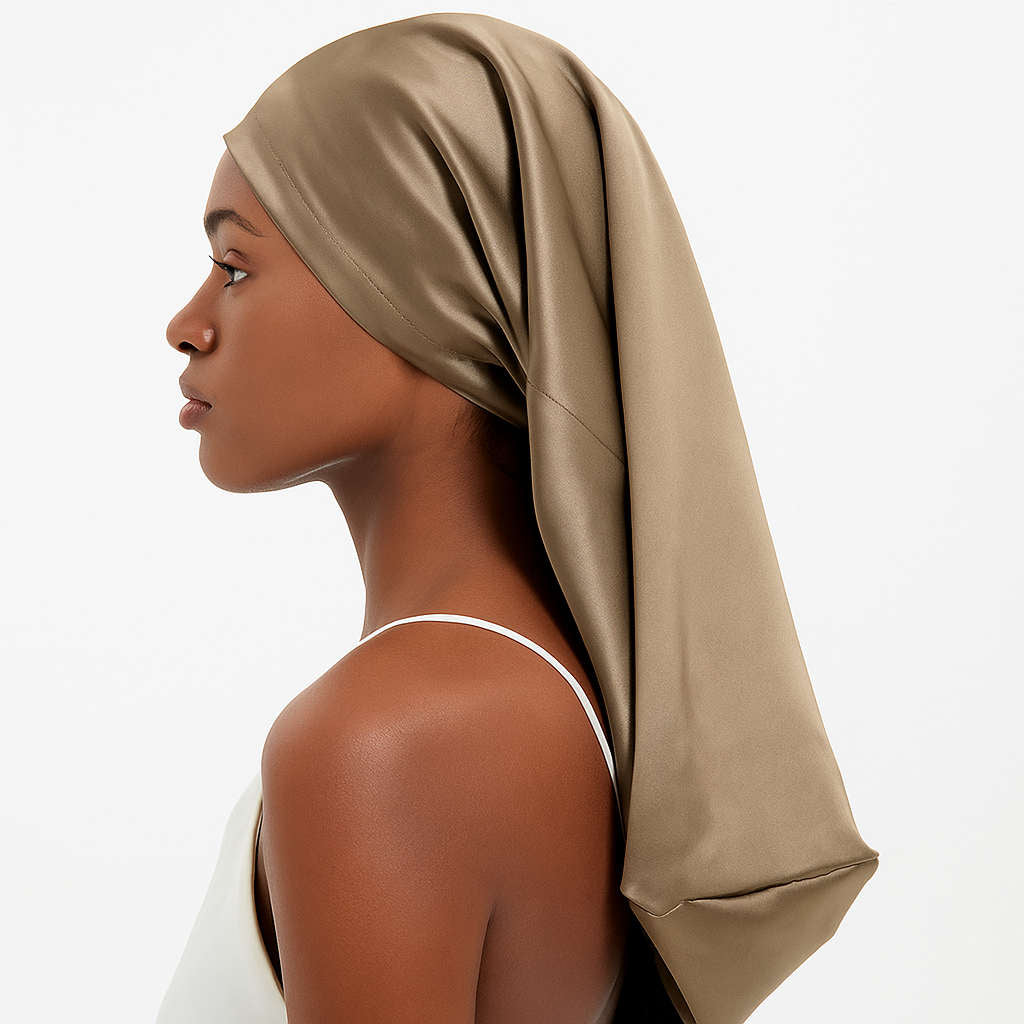 Champagne Mulberry Silk Sleep Bonnet for long hair, modeled by woman in profile. Ideal for braids and dreadlocks with adjustable fit.
