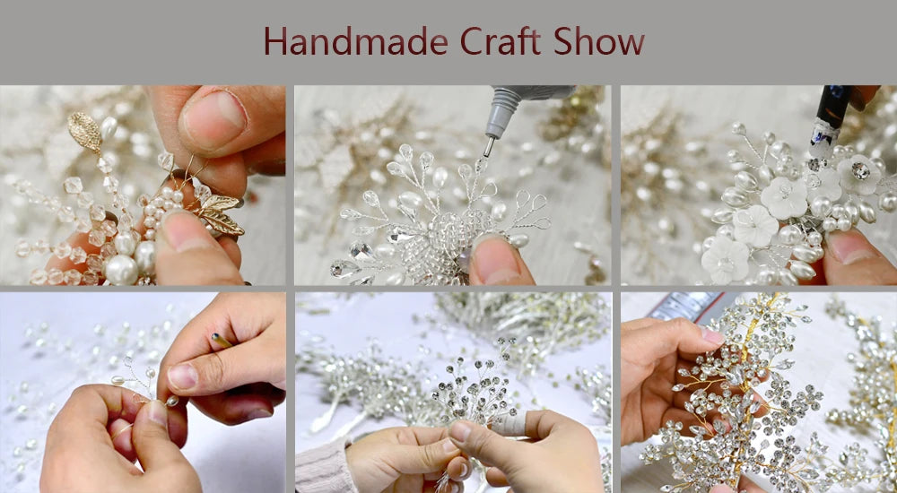 Step-by-step handmade bridal accessory crafting process with pearl and rhinestone detailing