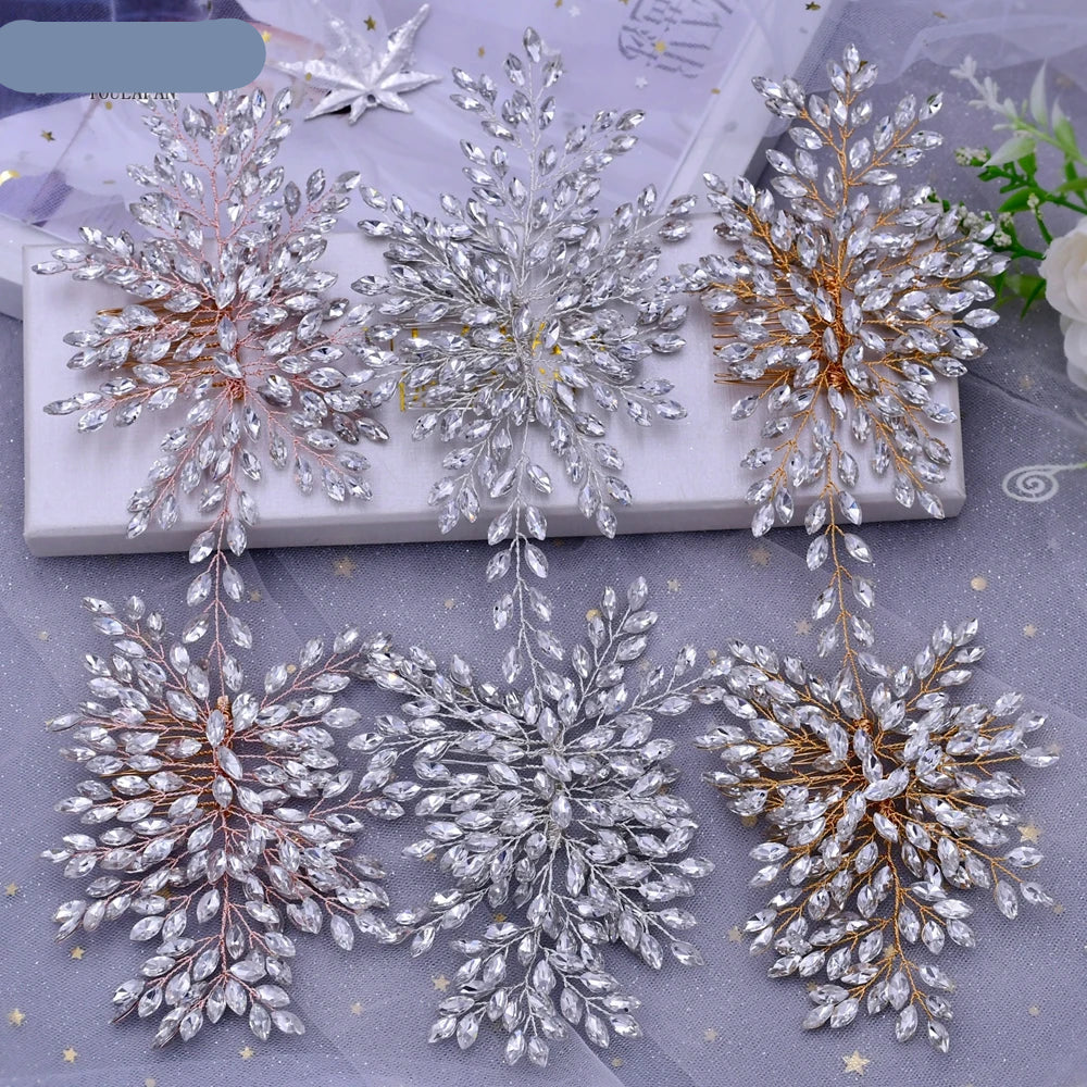 Collection of floral bridal hairpieces in rose gold, silver, and gold tones arranged flat on white box.