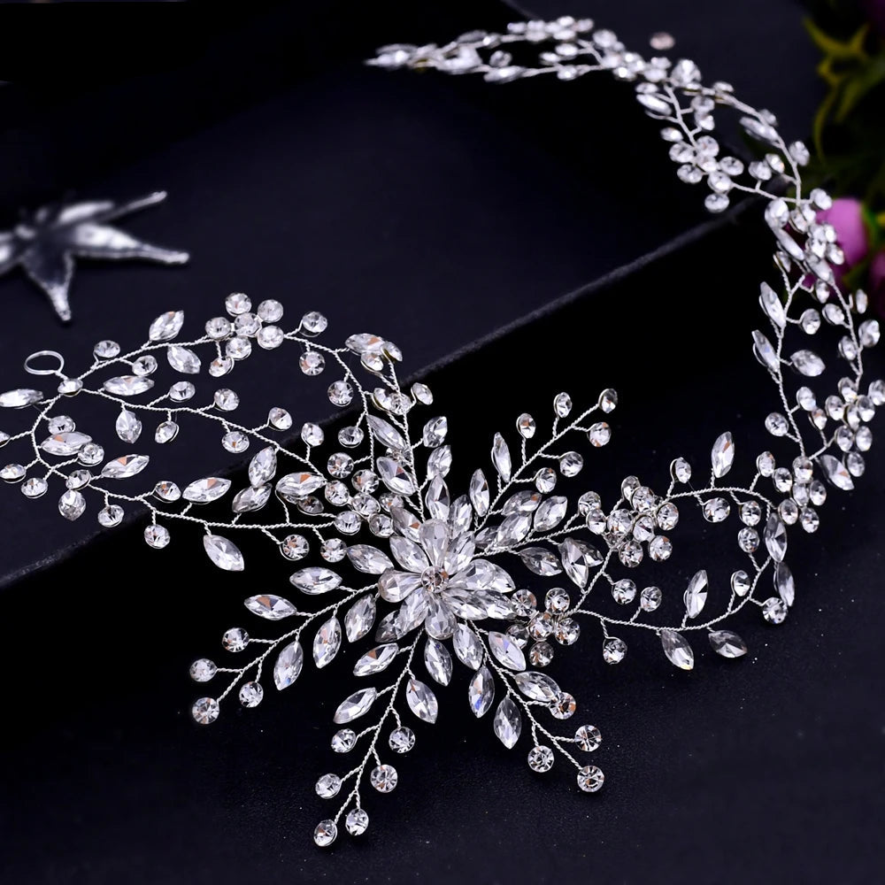 Full view of floral bridal tiara showing intricate crystal flower and vine pattern