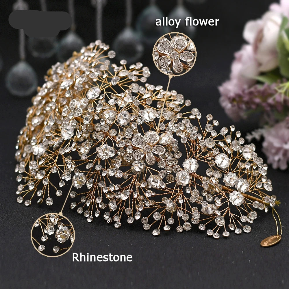 Close-up of floral rhinestone bridal headpiece with alloy flowers and crystal branches
