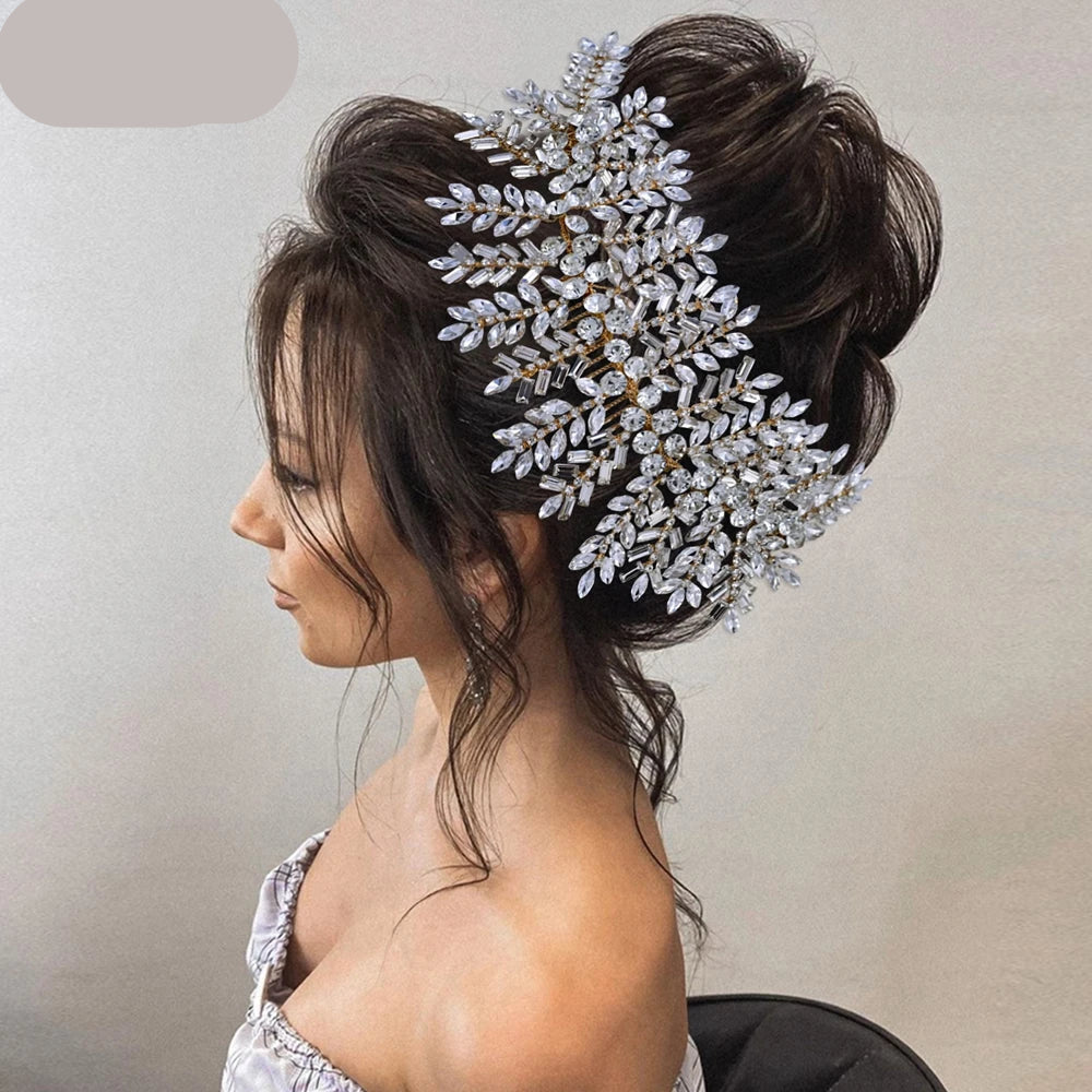 Close-up of floral rhinestone bridal headpiece with alloy flowers and crystal branches