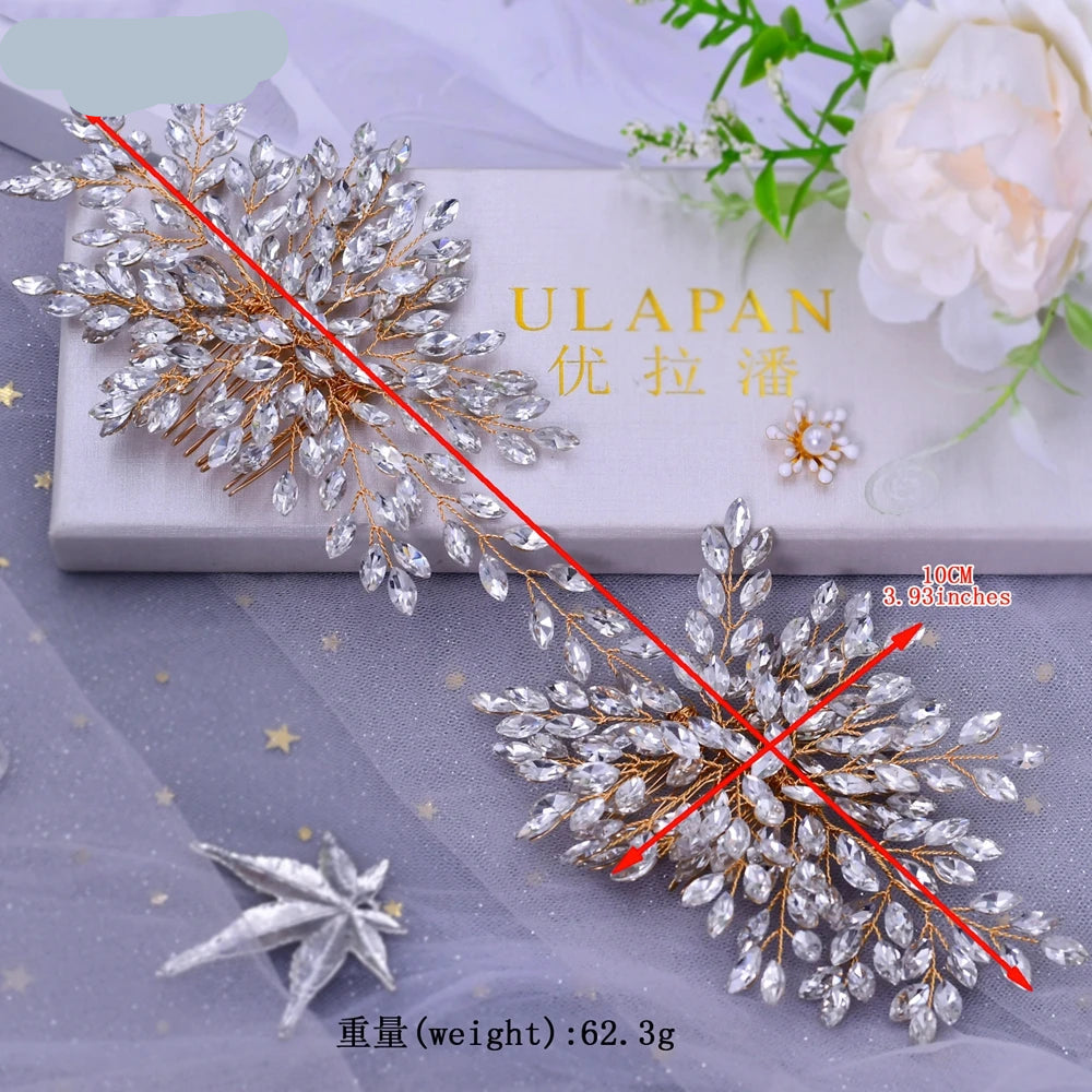 Gold floral bridal hairpiece with crystal leaves, size 24 cm x 10 cm, weight 62.3 g displayed on box