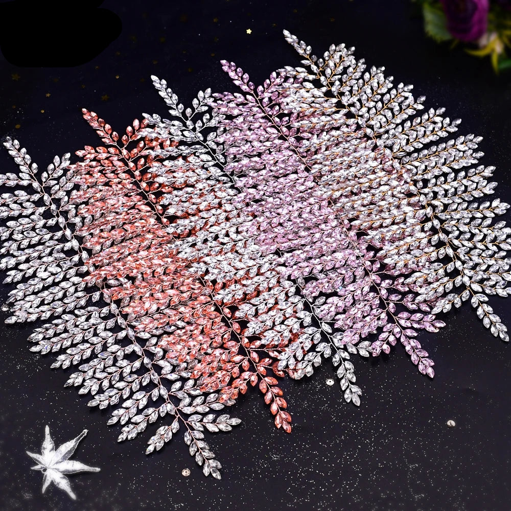 Bridal tiara leaf design displayed in silver, rose gold, and pink variations