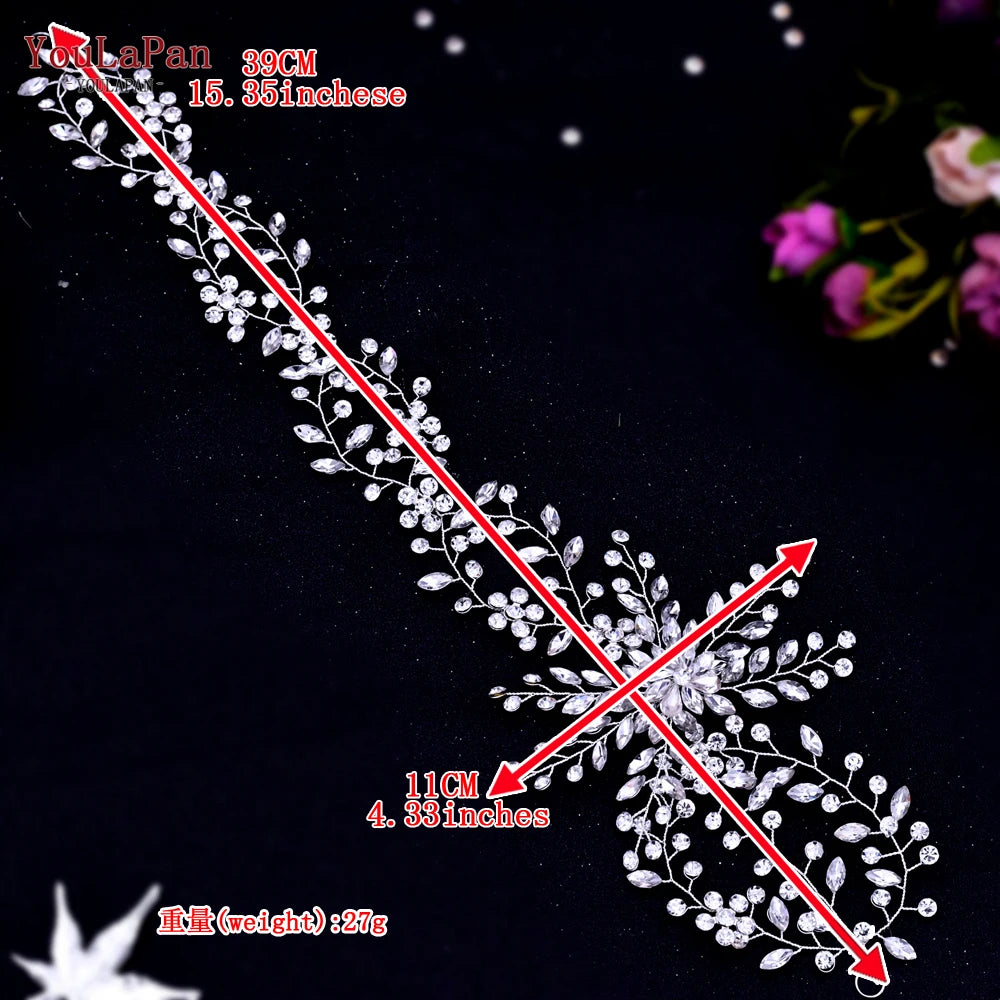 Bridal crystal floral hairpiece size reference with measurements 39 cm by 11 cm and weight 27 g