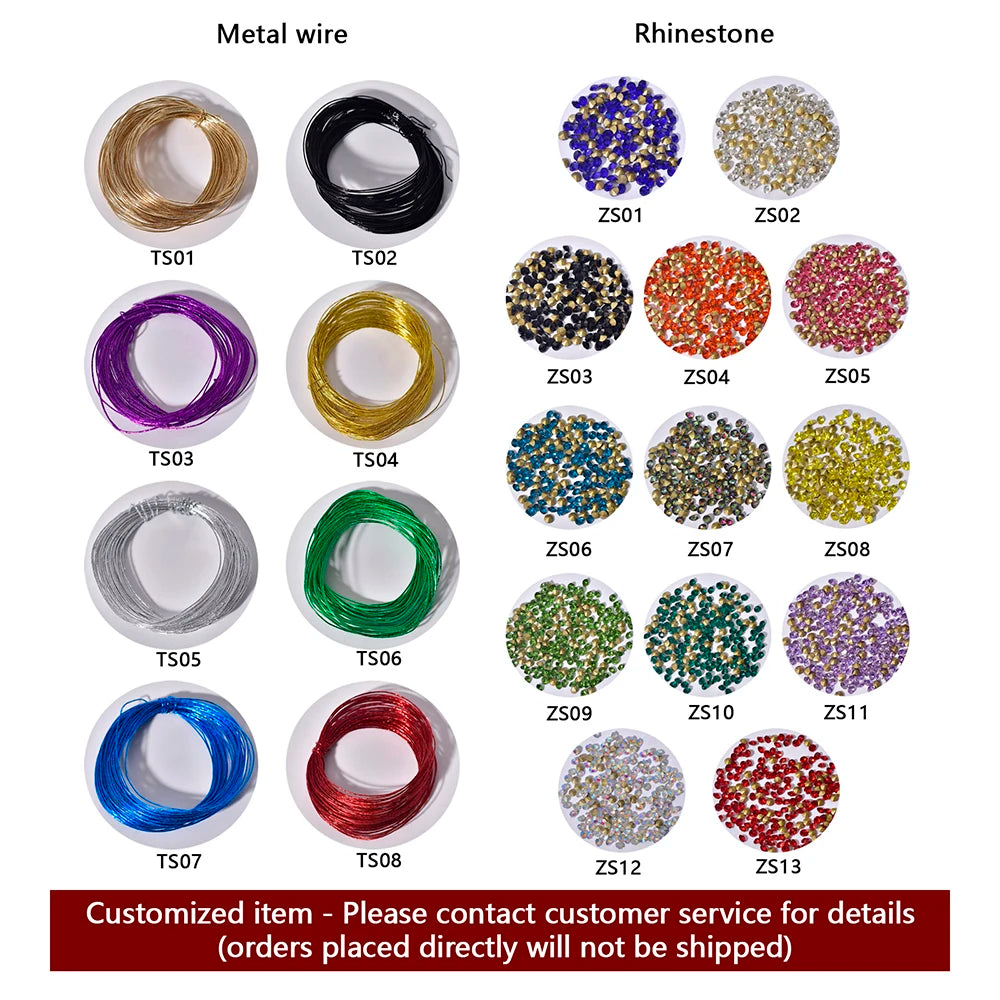 Customization options showing metal wire colors and rhinestone colors for bridal crown tiara