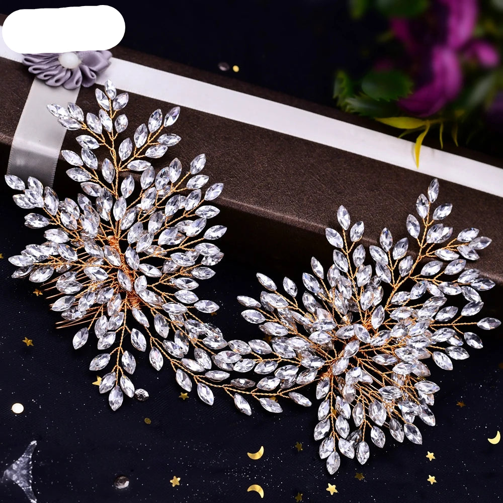 Gold crystal bridal hair vine with sparkling rhinestones and delicate flower clusters
