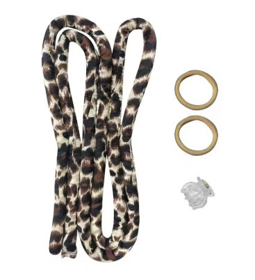 Leopard print 2-in-1 Heatless Curling Headband with two beige hair ties and a clip, perfect for stylish and heatless curls.