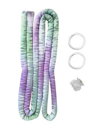 Pastel green and purple gradient 2-in-1 Heatless Curling Headband with white hair ties and a clip for heat-free hairstyling.