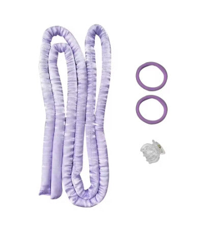 Lavender 2-in-1 Heatless Curling Headband set with matching purple hair ties and a clip, perfect for soft, heat-free curls.