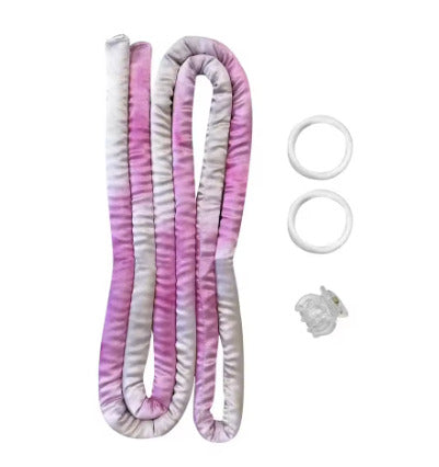 Pink and white gradient 2-in-1 Heatless Curling Headband set with matching hair ties and a clip for effortless curls.