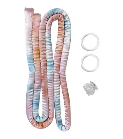 Multicolor pastel 2-in-1 Heatless Curling Headband with pink, blue, and peach hues, including matching hair ties and a clip.