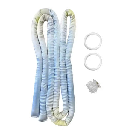 Blue and yellow gradient 2-in-1 Heatless Curling Headband set with white hair ties and a clip for heatless curling.