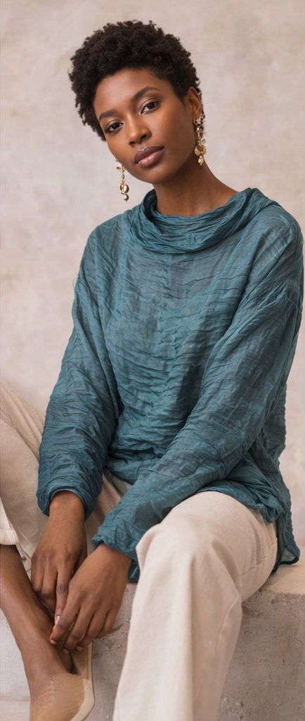 Sheer Crinkled Long-Sleeve Draped Top for Luxe Style