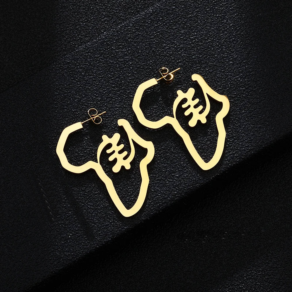 Gold African Adinkra earrings featuring a cutout Africa map design with symbolic Adinkra pattern. Stylish stainless steel jewelry for cultural fashion.